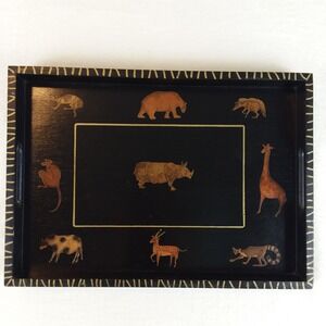 VTG Essex Collection‎ Wood Serving Tray Safari Animals MCM Decoupage 20x14 USA